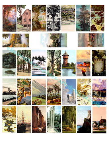  vintage trees landscapes, seascapes paintings art collage sheet printable