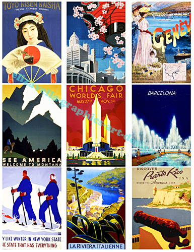  vintage travel posters art collage sheet printable