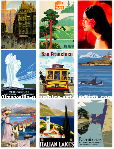  vintage vacation travel posters art collage sheet printable