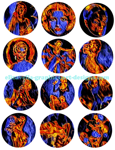  fire women pinup girls abstract art collage sheet printable