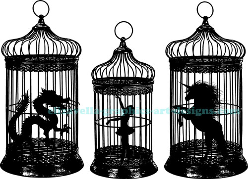 ballerina, unicorn, dragon in bird cages silhouette art digital download 