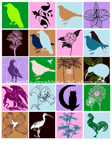 birds plants and flowers silhouettes art collage sheet printable