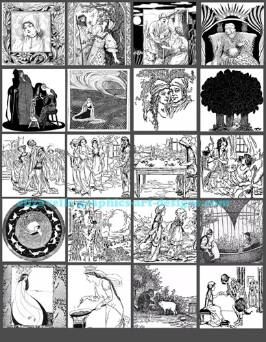  vintage fairytales fantasy art black and white illustrations collage sheet printable