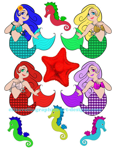 cartoon mermaids sea horses fantasy fairytale art collage sheet printable