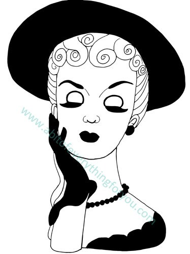 1930s fancy hat lady printable art cartoon pinup girl face png jpg svg vector instant download,