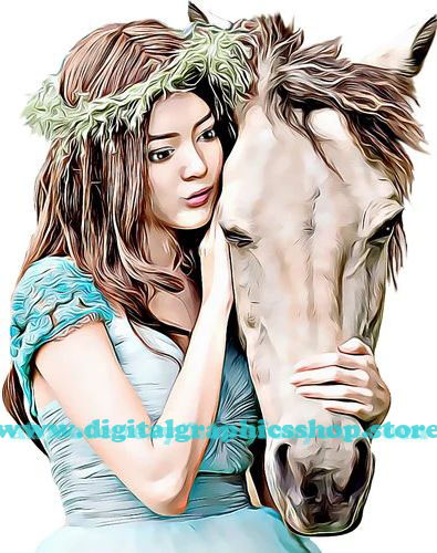  maiden girl and horse, digital painting, png jpg clipart, printable wall art, animal, instant downloads