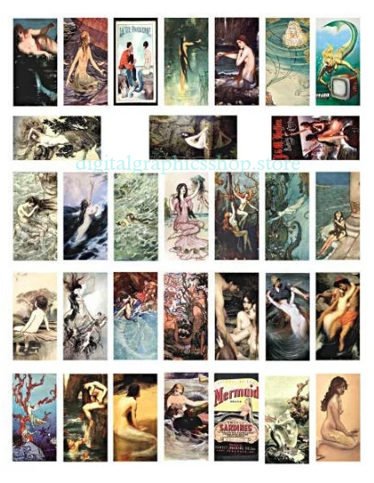  vintage sea nymphs mermaid sirens painting drawings clipart, digital print, instant download, collage sheet 
