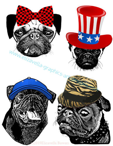 pug dogs wearing hats and bow art, clipart, digital collage sheet 