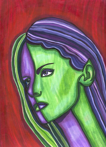Purple Green elf Lady Abstract art 